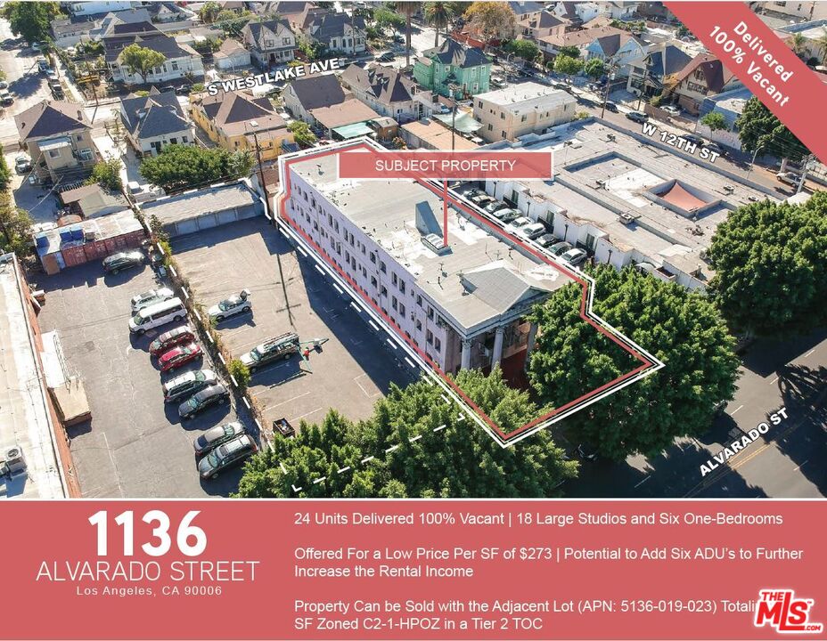 A rare 24-unit value-add opportunity at 1136 S Alvarado St that will be delivered 100% vacant; the property, is located on the main thoroughfare between W 11th St & W Pico Blvd in the center of the Pico Union, Westlake, and Koreatown neighborhoods. The subject property consists of a desirable unit mix of 18 studios (approximately 400 SF) and six one-bedrooms (approximately 600 SF), and the building is individually metered for gas and electric. The property is being offered in as-is condition; this is an opportunity for a buyer to begin interior renovations immediately at the close of escrow with no tenant relocation required. At the asking price, the property is being offered for a low price per SF of $273. An investor has the potential to achieve a CAP rate of 6.26%-6.92% when projected rents are captured. Additionally, there is potential to add six ADU's to further increase the rental income (buyer to verify).1136 Alvarado St is located one mile from the Crypto.com Arena and Los Angeles Convention Center. The neighborhood boasts a high walk score of 93 with retail amenities on W Pico Blvd & S Hoover St; walking distance to numerous Metro rail and bus line stops make this an attractive central for moving around the via public transit or by car with quick access to the 110 and 10 Freeways. The subject property is in the middle of high-growth neighborhoods (Pico Union, Westlake, and Koreatown) where the rental market continues to thrive. The property can be sold with the adjacent lot (APN: 5136-019-023) totaling 9,381 SF zoned C2-1-HPOZin a Tier 2 TOC.