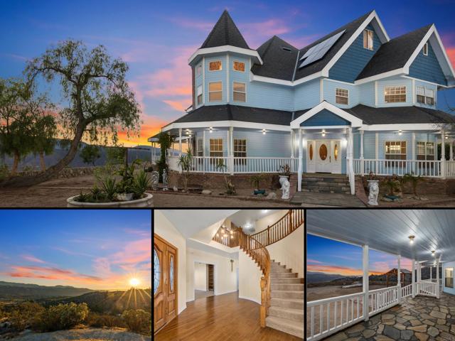 The seller will entertain offers in the price range of $799,000-$849,000. Hilltop Victorian-style home with panoramic views of the Palomar mountains. Large guest suite with private bathroom. Two fireplaces in the family room and den. This beautiful house has a finished attic space of 814 sq ft, carpeted and ready to be used. The property has also 2 equipped greenhouses 2,232 & 2,475 sq ft with a swamp cooler. Newly built gazebo overlooking the valley. Detached 2-car garage with a full bathroom, sheds, and stainless steel barn perfect for storing equipment, RVs, or other vehicles, RV hookups on the side of the house. There is a gate and private road to the property. Solar panel, septic tank, and water with the potential to go completely off-grid. Plenty of room for outdoor activities.